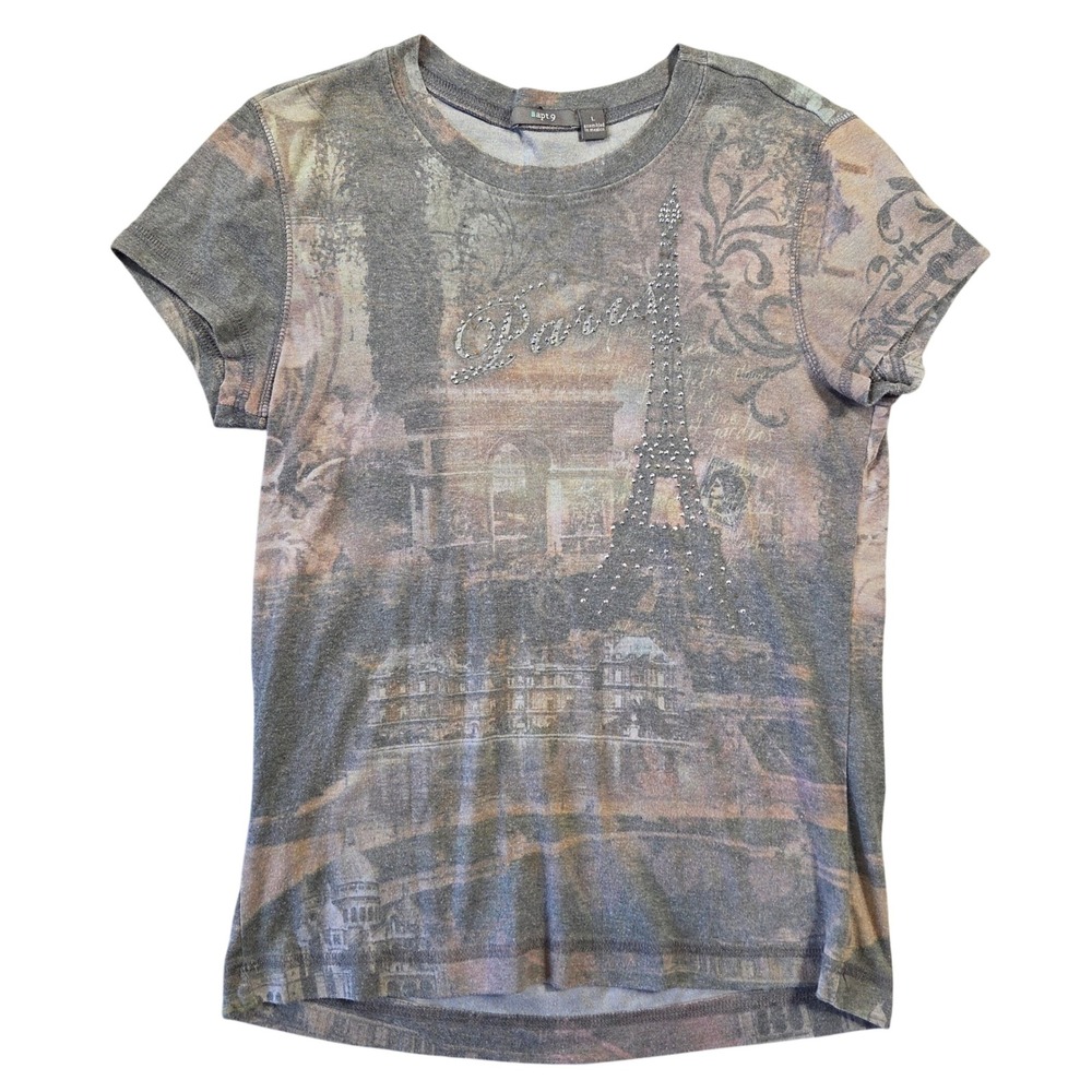 Apt 9 Paris Eiffel Tower Rhinestone Graphic Tee Grey Short Sleeve‎ Womens L Y2k